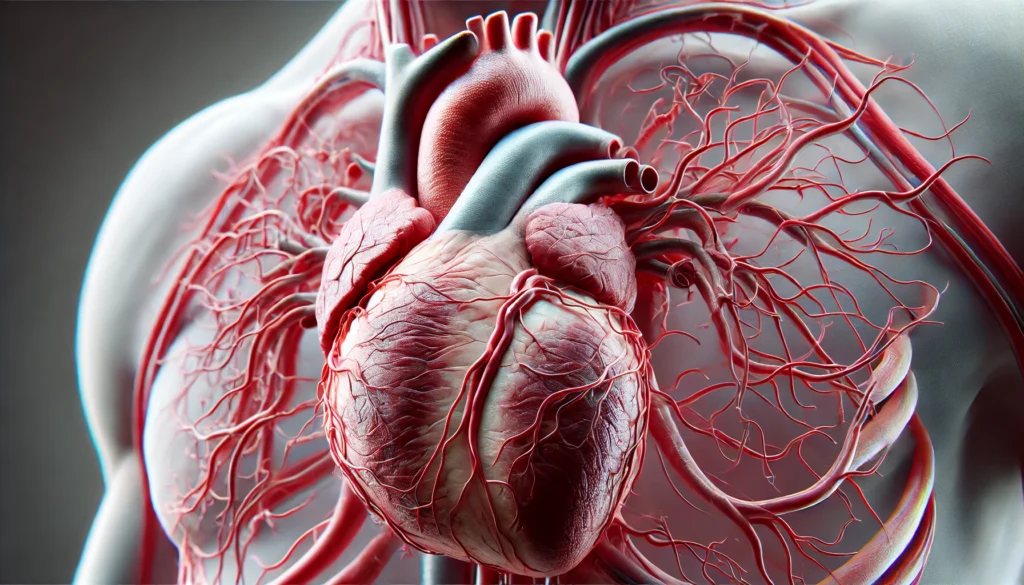 A close-up, high-resolution 3D-rendered image of an enlarged human heart with intricate details. The arteries, veins, and muscle fibers are clearly visible, showcasing the heart’s structure in a hyper-realistic medical visualization.