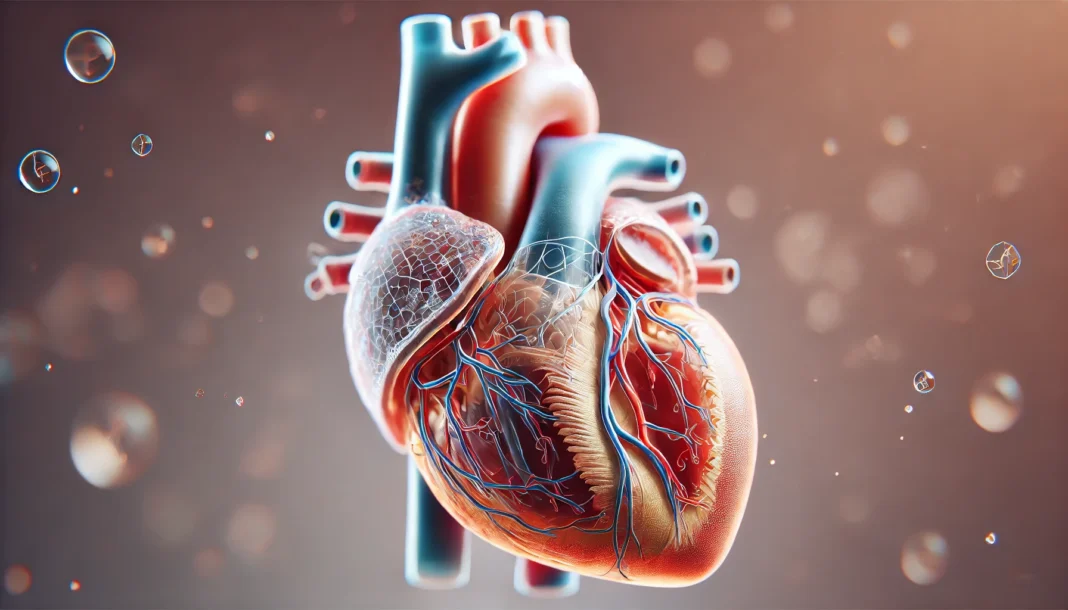 A highly detailed 3D-rendered medical illustration of a human heart with a semi-transparent effect, revealing the internal chambers, valves, and vascular structures. The heart is illuminated in soft lighting, emphasizing its realistic textures.