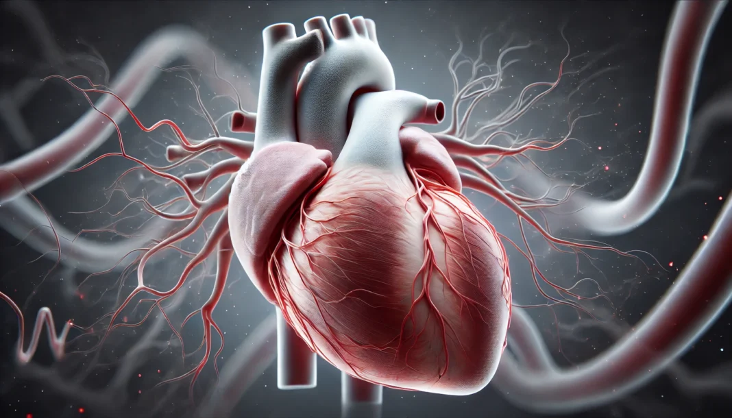 A highly detailed 3D rendering of a human heart affected by hypertrophic cardiomyopathy. The heart appears thickened and enlarged, with prominent blood vessels extending outward. The image visually represents the strain on the heart muscle, emphasizing its abnormal structure and the potential impact on blood flow. The dark background enhances the focus on the intricate details of the heart's anatomy.