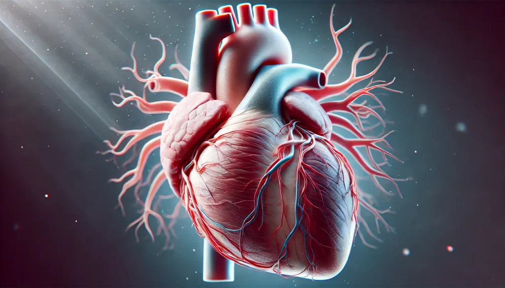 A highly detailed 3D rendering of a human heart with thickened and enlarged walls, depicting hypertrophic cardiomyopathy. The image highlights the strain on the heart muscle, emphasizing restricted blood flow and increased heart mass.