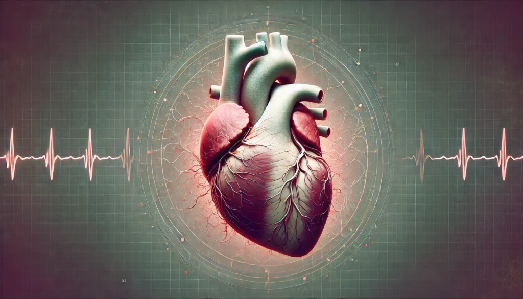 An artistic interpretation of a weakened and enlarged human heart, semi-transparent to reveal dilated chambers. This visualization represents dilated cardiomyopathy, where the heart struggles to pump blood efficiently due to stretched and thin walls.