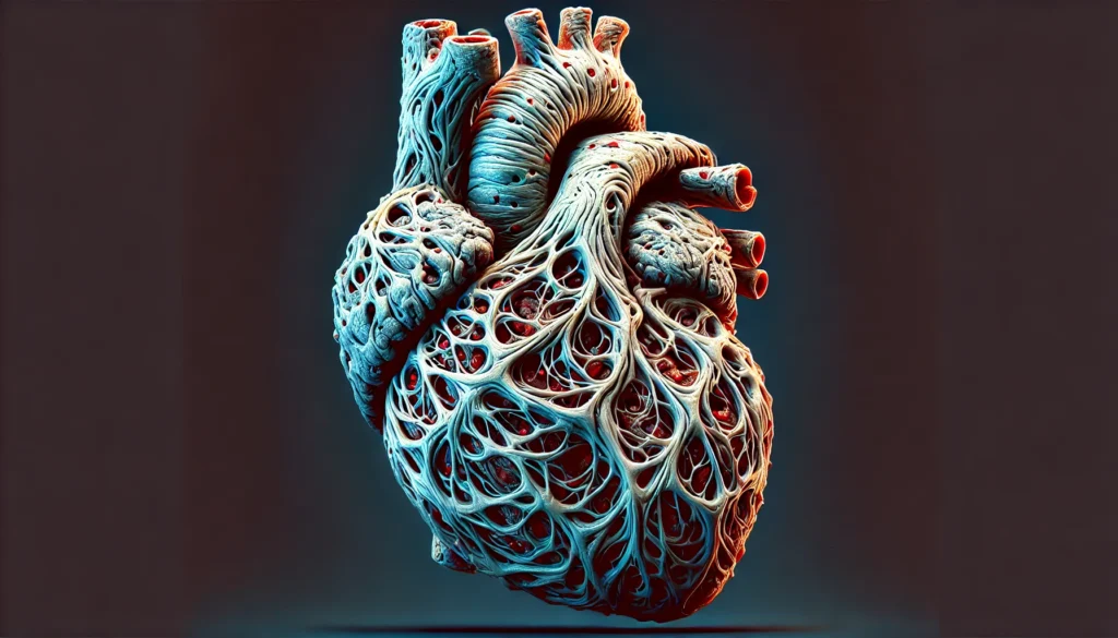 A stylized medical illustration of a human heart with fibrosis and scarring, symbolizing restrictive cardiomyopathy. The heart appears stiff, with an intricate texture representing the limited ability of the chambers to expand and fill properly.