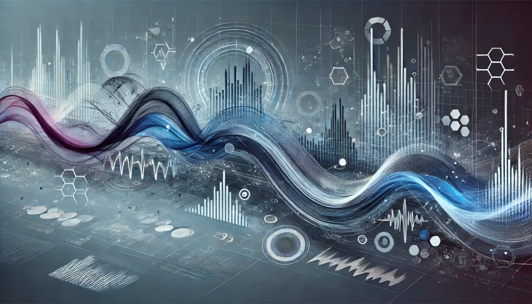 Stylized timeline visualization with abstract data points and flowing waveforms, representing the evolution of cancer trends over time in cool, analytical tones.