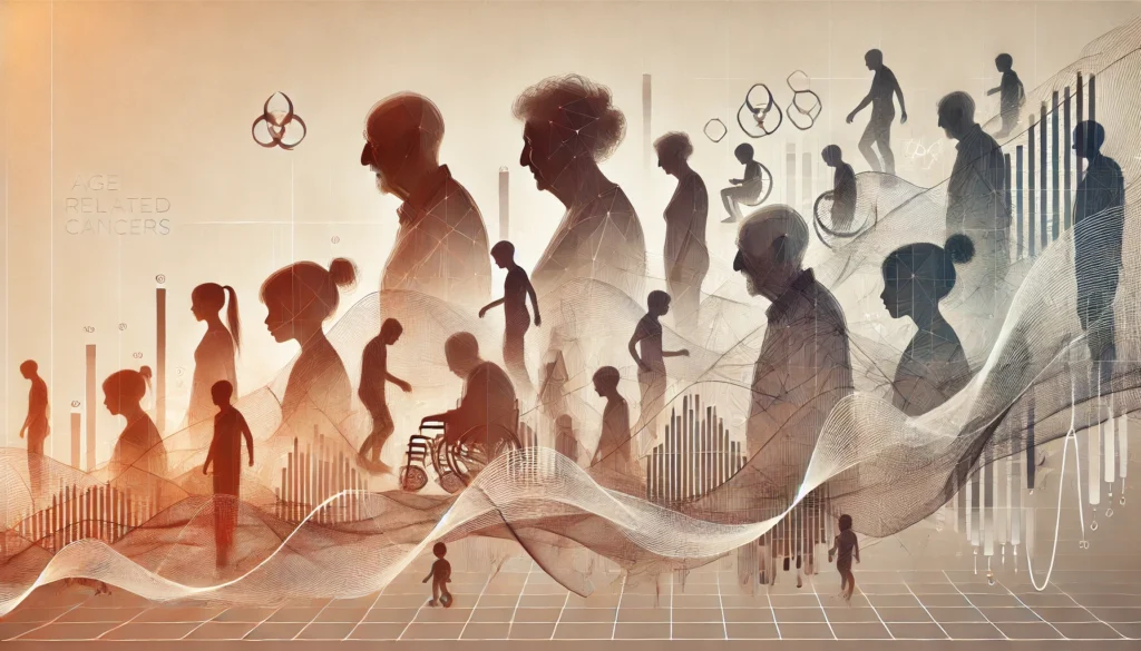 Abstract silhouettes of people from different age groups connected by data curves, symbolizing age-related cancer trends in a gradient of warm to cool colors.