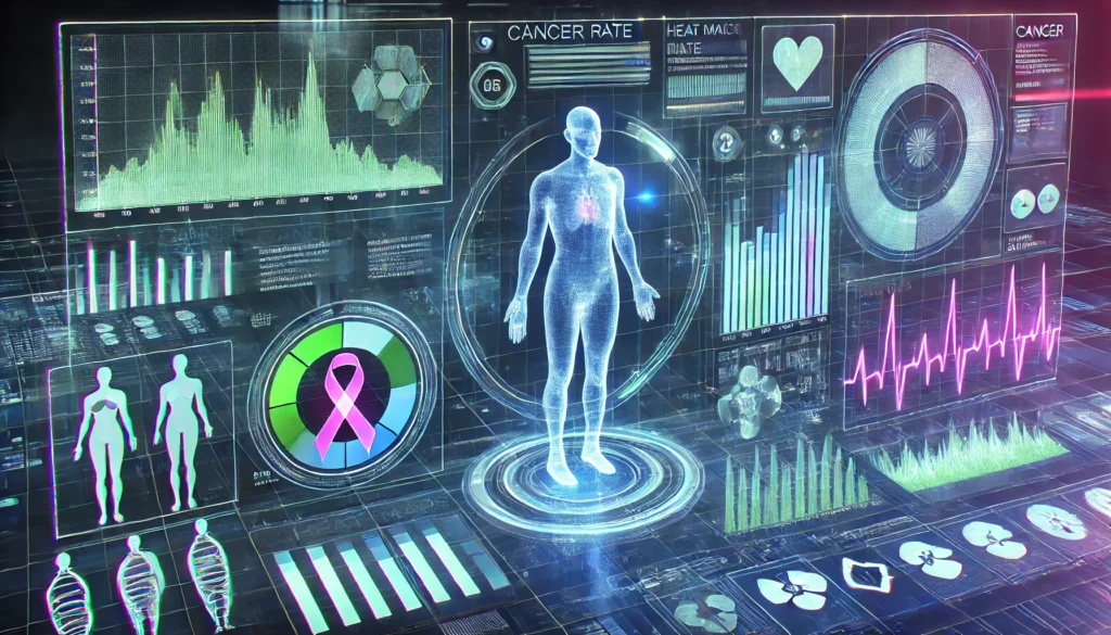 Futuristic digital dashboard concept showing holographic graphs and human figures, visualizing cancer data analysis across time and age in a tech-inspired design.