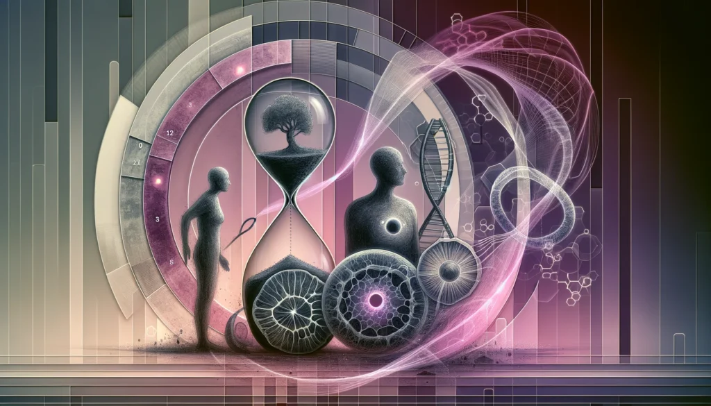 Conceptual composition with layered hourglasses and segmented human forms, depicting cellular changes and cancer monitoring across time and age progression.