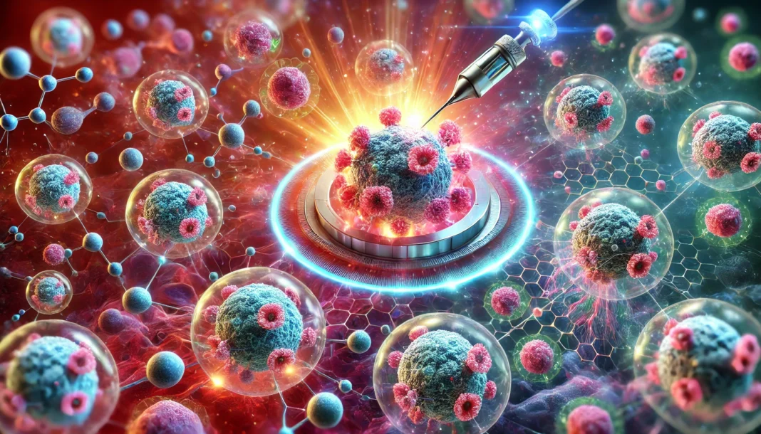 Artistic depiction of nanobots targeting tumor cells at a microscopic level, with glowing molecular structures symbolizing personalized nanotechnology-based cancer treatment.