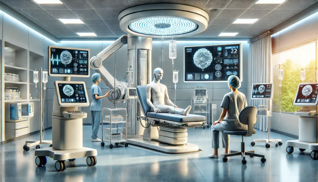 A patient receiving advanced cancer therapy in a modern clinical setting, with robotic equipment and digital monitors displaying individualized treatment data under a healthcare provider's care.