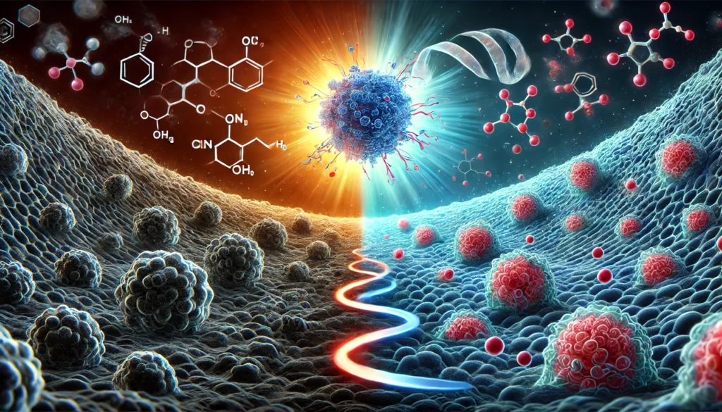 Conceptual visualization of tumor cells transforming into healthy tissue, with molecular strands guiding the change, symbolizing the success of personalized cancer treatments.