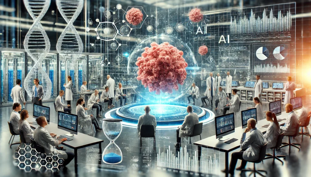 A diverse team of scientists collaborating in a futuristic research facility, surrounded by AI-driven data interfaces, 3D tumor models, and genetic sequencing visuals, symbolizing cutting-edge cancer research and personalized treatment innovation.