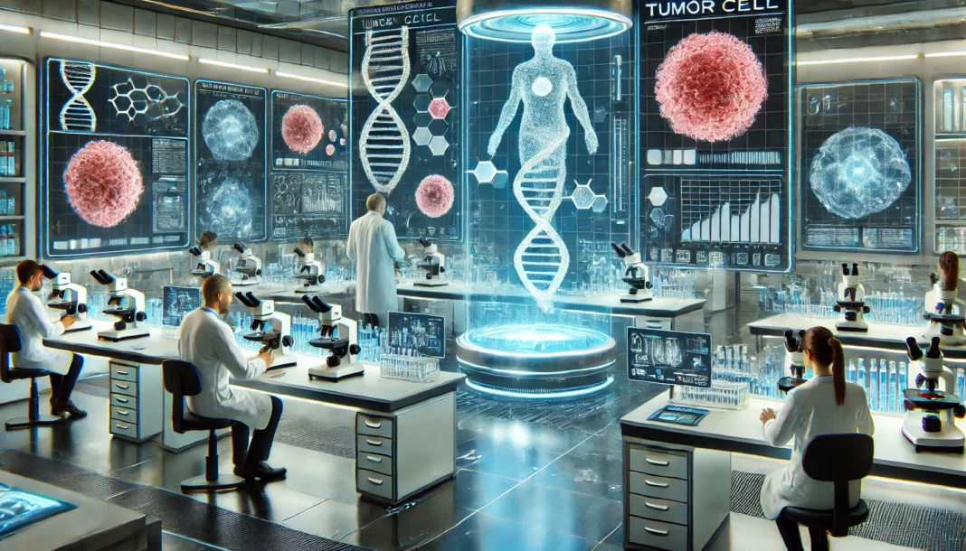 A high-tech cancer research laboratory with scientists in lab coats examining DNA sequences and tumor models using microscopes and holographic displays in a sleek, sterile environment.