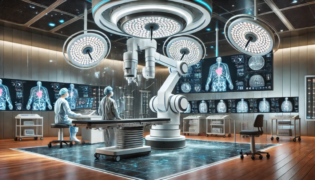 A cutting-edge oncology treatment facility with robotic surgical arms operated by oncologists, surrounded by digital screens showing 3D cancer imaging and advanced diagnostic tools.