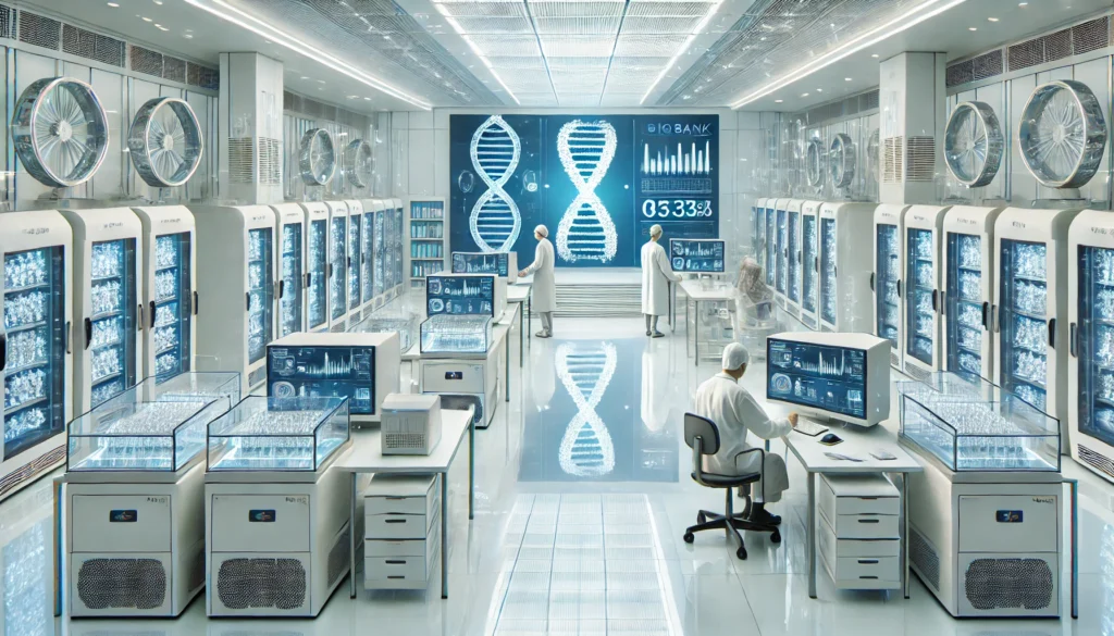 A modern genomic sequencing lab inside a cancer institute, featuring cryogenic storage, sequencing machines, and technicians analyzing genetic data on futuristic transparent screens.