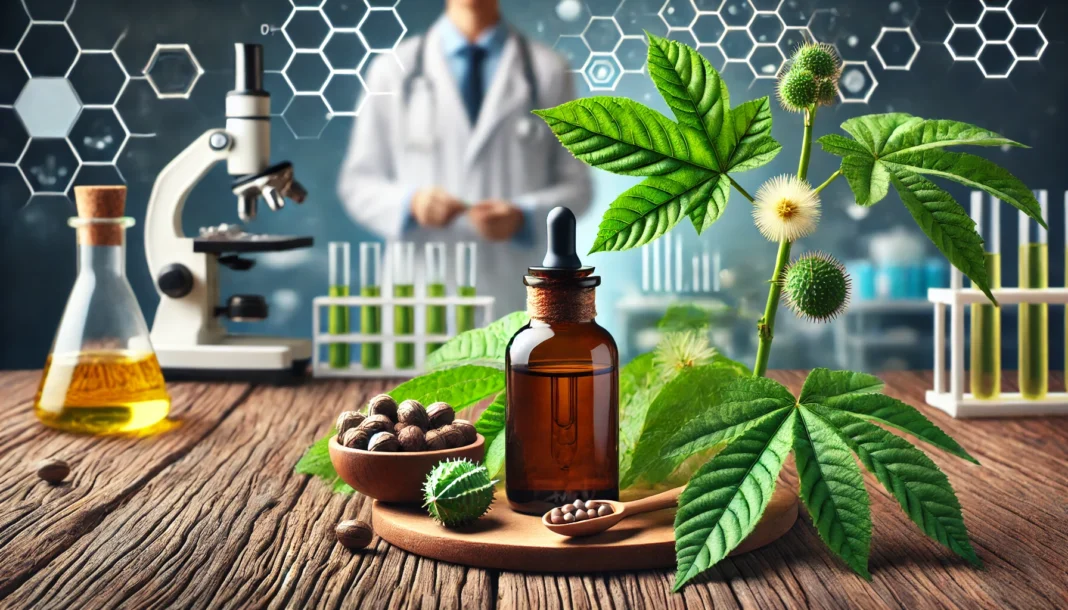 Glass bottle of castor oil with castor beans and green leaves on a wooden table, set against a blurred scientific laboratory background symbolizing the fusion of natural remedies and modern cancer research.