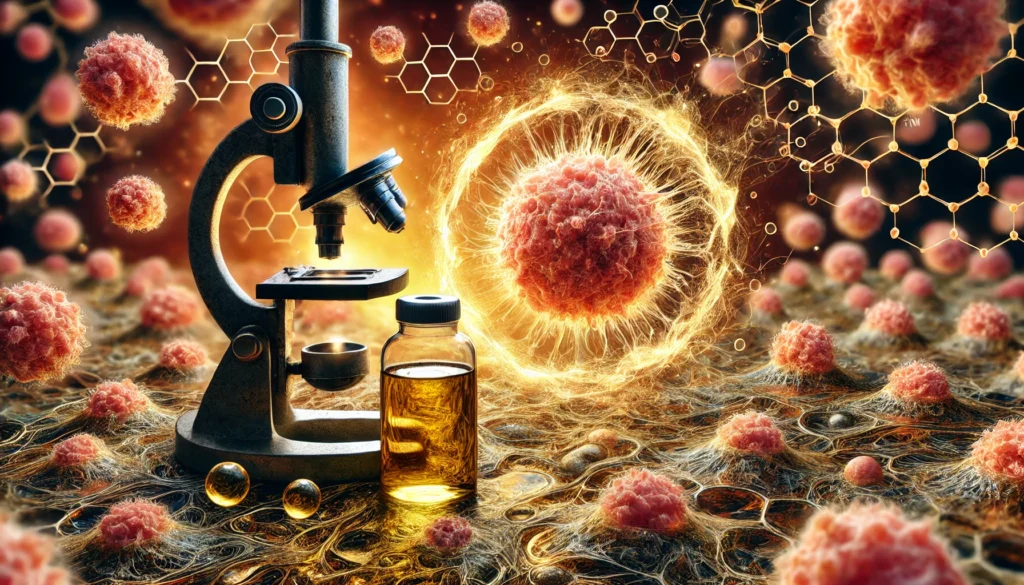 Artistic representation of cancer cells under a microscope, partially surrounded by a glowing aura of castor oil, blending organic oil textures with microscopic structures to visualize natural treatment potential.