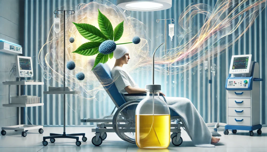 Hospital patient receiving chemotherapy, with transparent overlays of castor oil leaves and fluid textures merging into the clinical setting, symbolizing the interaction between alternative therapies and conventional cancer treatment.