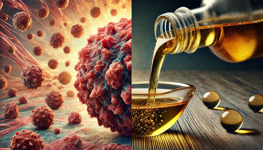 Dramatic side-by-side visual of a tumor cell shrinking next to golden castor oil being poured into a bowl, with textures merging to portray the question of castor oil’s effect on tumor reduction.