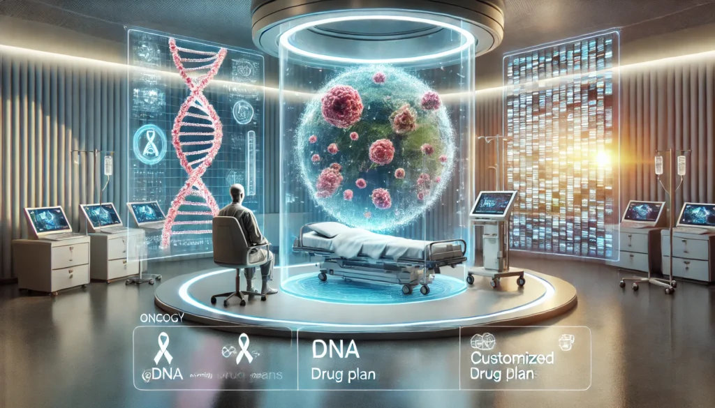 A futuristic treatment room where a patient receives customized cancer therapy with holographic DNA displays—representing the promise of precision medicine in oncology’s future.