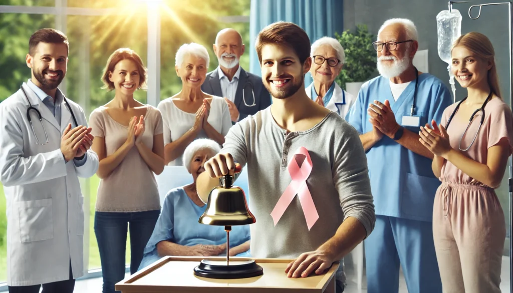 A joyful cancer survivor ringing a ceremonial bell in a modern oncology clinic, surrounded by supportive doctors, nurses, and loved ones—symbolizing triumph, resilience, and hope after successful treatment.