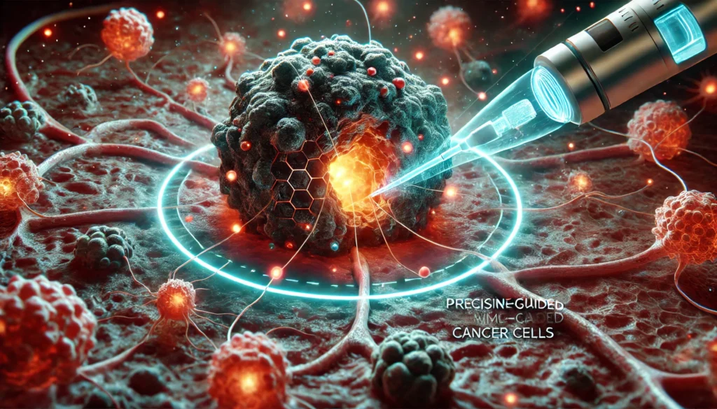 Futuristic image of a tumor infiltrated by nanotechnology-based chemotherapy agents targeting aggressive core cancer cells without harming surrounding tissue.