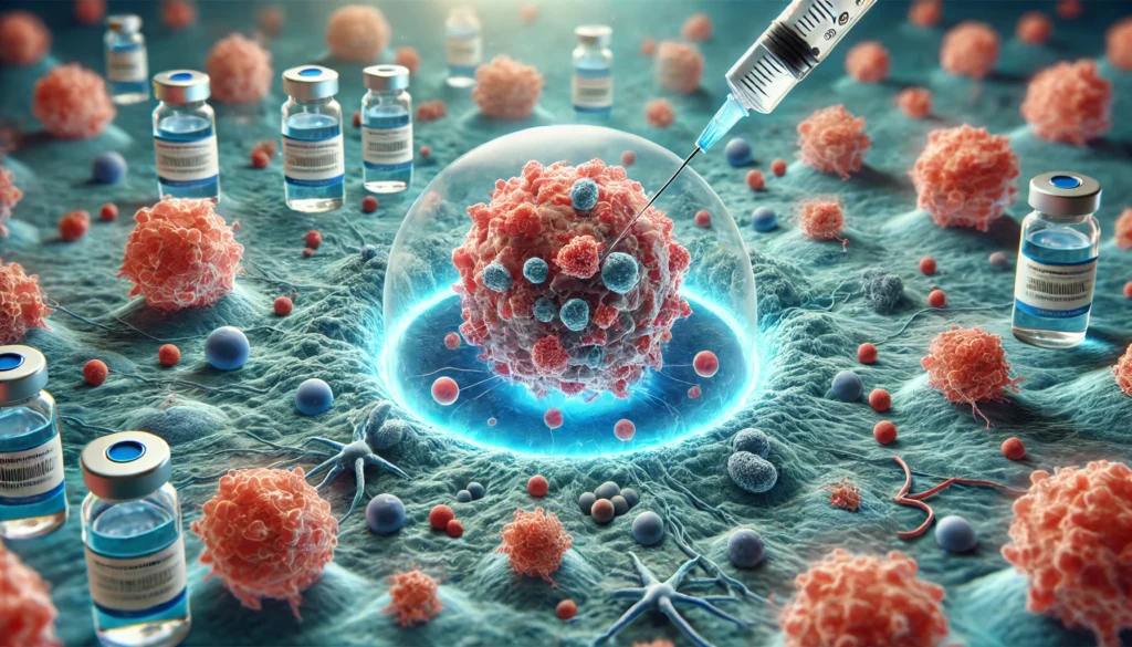 Detailed medical image showing chemotherapy drugs binding exclusively to cancer stem cells at the core of a tumor, leaving surrounding healthy tissue untouched.