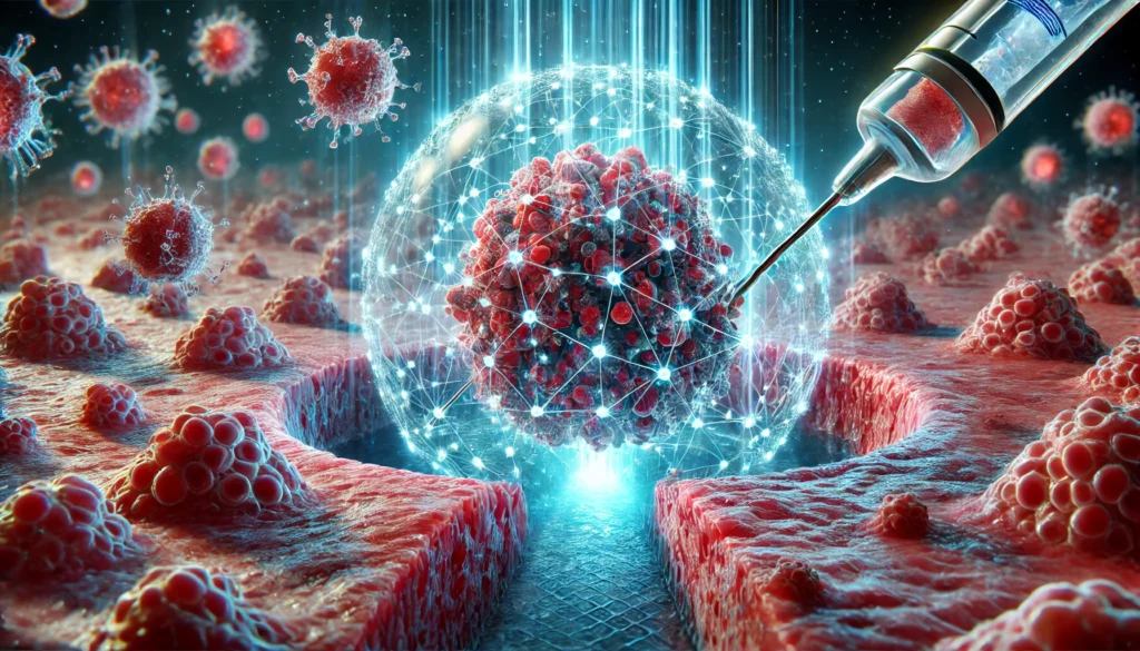 Medical concept showing futuristic nano-agents penetrating deep tissue layers to reach and neutralize cancer stem cells inside a tumor with pinpoint precision.