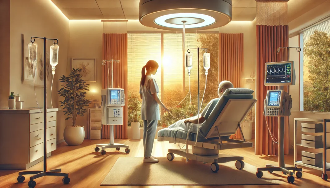 Peaceful hospital infusion room with a patient receiving low-dose chemotherapy, monitored by a nurse, highlighting emerging chemo treatments for autoimmune conditions.