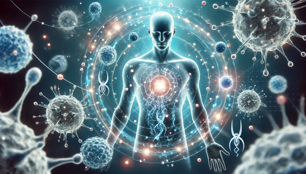 A conceptual image of a human body enveloped in a glowing protective field, with chemotherapy molecules gently interacting with immune cells, symbolizing immune system regulation in autoimmune treatment.