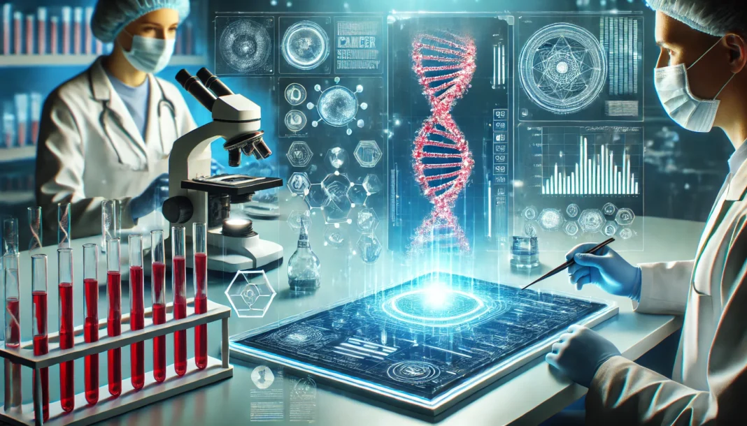 Futuristic laboratory with scientists analyzing blood samples using advanced DNA sequencing equipment and digital interfaces, symbolizing innovation in cancer detection technology.