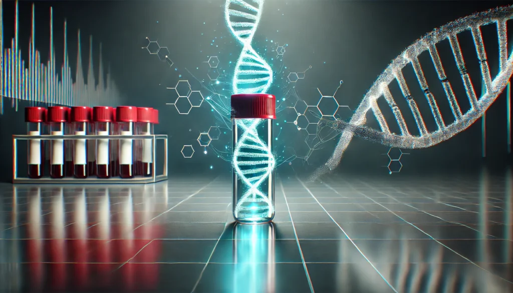 Digital DNA strand emerging from a blood vial on a sleek, modern surface, representing genomic analysis and early cancer screening via non-invasive testing.