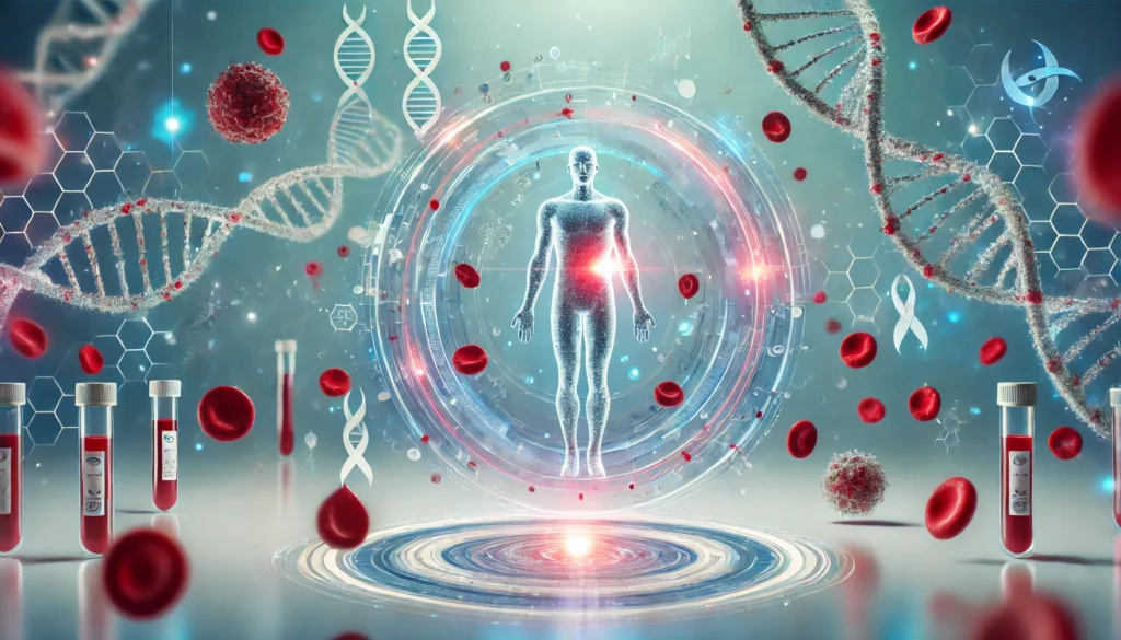 Healthy human figure surrounded by holographic DNA strands and blood cells in a futuristic setting, symbolizing early cancer detection through breakthrough blood testing.