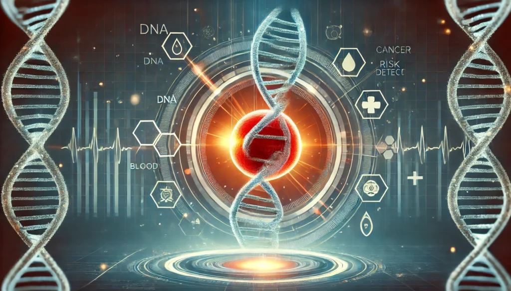 3D artistic rendering of a DNA double helix floating above a glowing blood cell in a futuristic medical setting, representing the integration of genomics and hematology in early cancer detection.