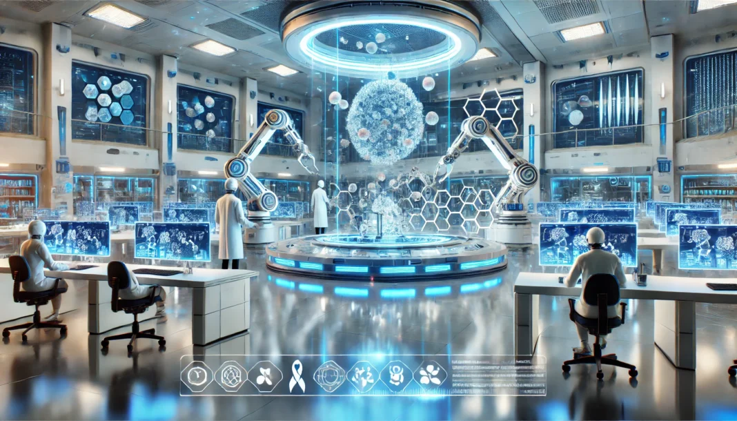 Futuristic cancer research laboratory with advanced robotic arms, digital molecular screens, and scientists in high-tech lab coats, illustrating cutting-edge cancer treatment innovations.