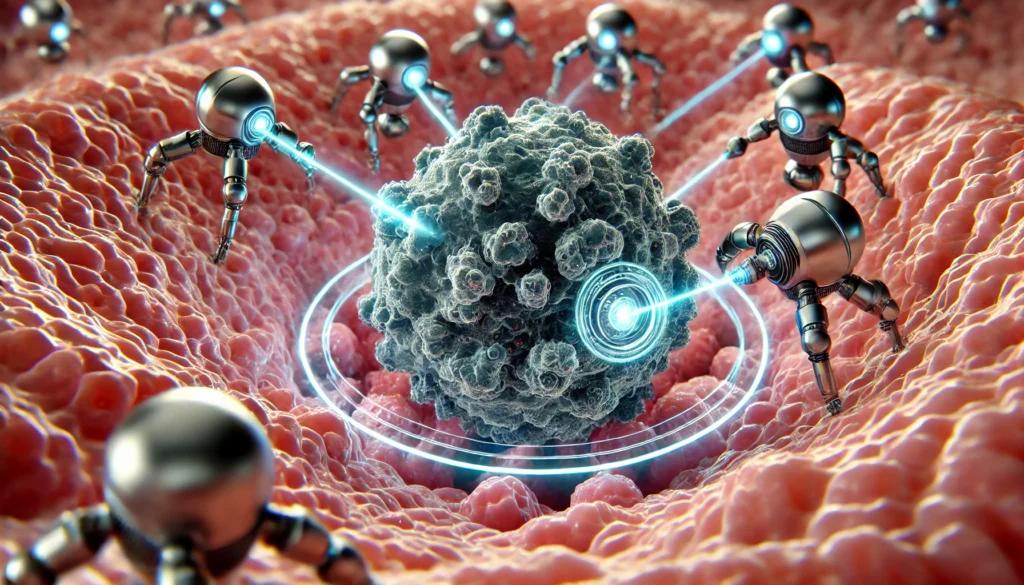 Close-up 3D visualization of targeted nanobots attacking a cancer cell inside the human body, symbolizing precision medicine in experimental oncology.