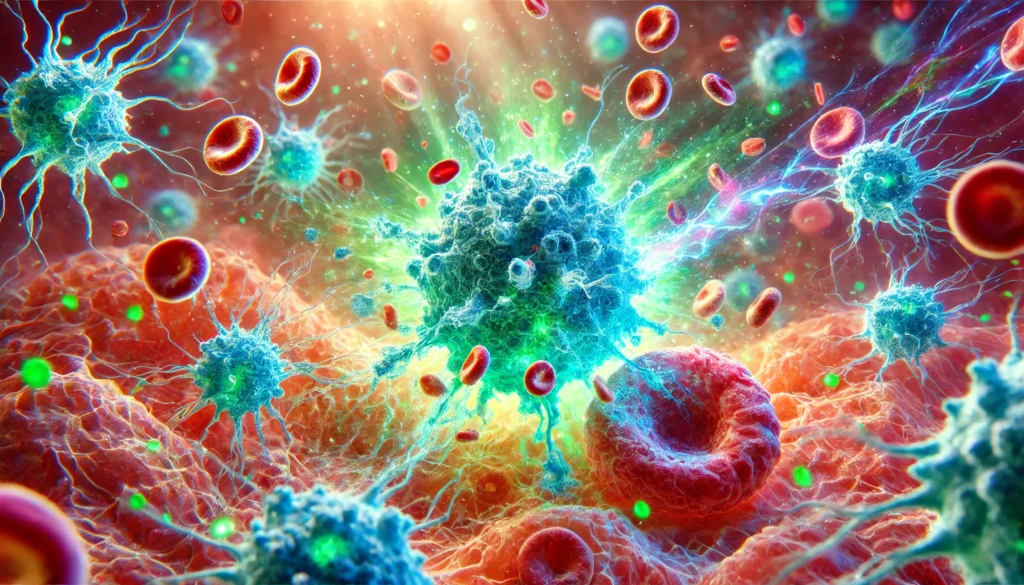 Dynamic immunotherapy scene showing T-cells glowing as they attack a cancerous tumor in a vibrant biological environment, representing breakthroughs in cancer immunotherapy.