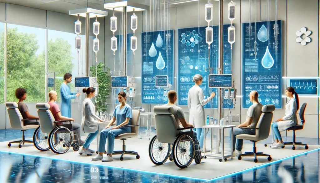 High-tech clinical trial facility with diverse cancer patients receiving experimental treatments, overseen by compassionate medical staff and surrounded by digital monitoring systems, capturing the human side of cutting-edge cancer research.
