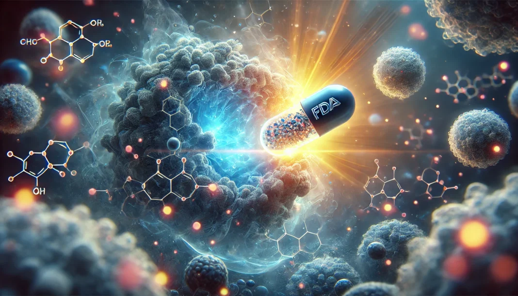 Futuristic glowing pill dissolving near cancer cells with healthy cells lit in the background, symbolizing a breakthrough cancer drug bringing hope and healing.