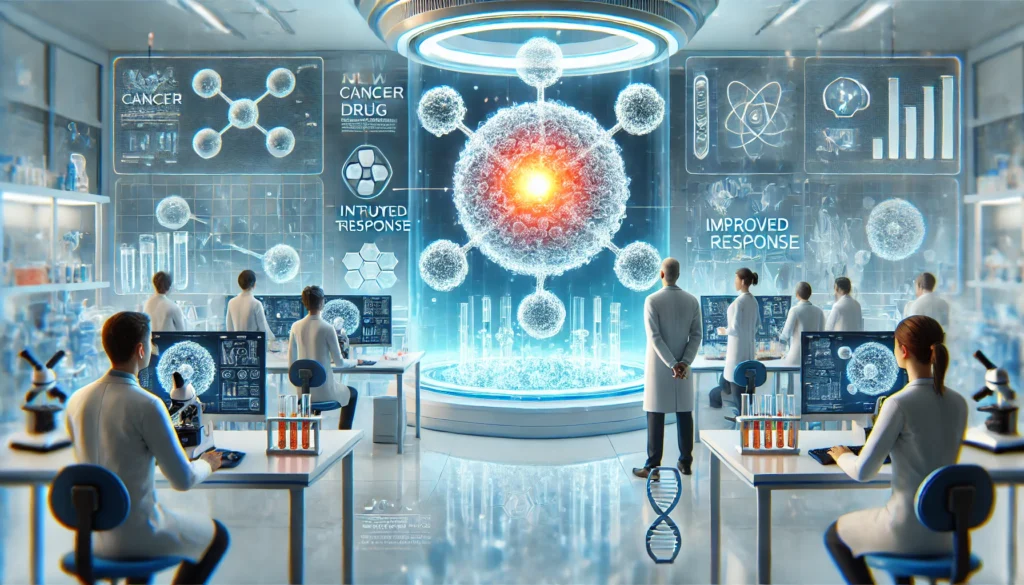 Modern medical laboratory with scientists observing a glowing molecular structure on high-tech equipment screens, representing FDA-approved cancer drug innovation.