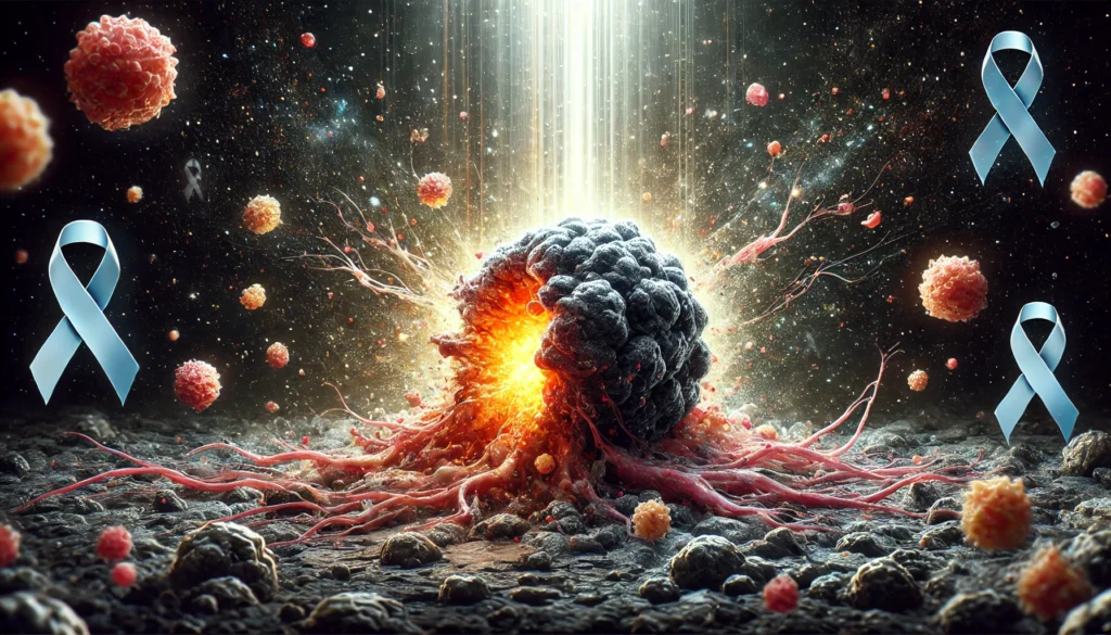 Dark cancerous tumor visibly dissolving with light radiating into surrounding tissue, symbolizing successful treatment and a hopeful medical breakthrough.