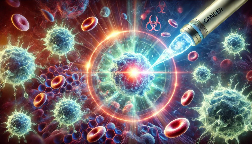 Enhanced immune cells glowing and targeting cancer cells with beams of energy in a vibrant, abstract cellular landscape, visualizing new cancer drug efficacy.