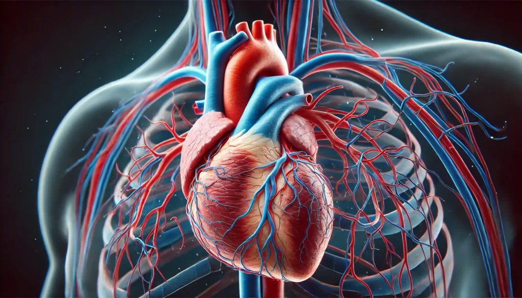 3D medical illustration of a human heart highlighting cardiac and coronary veins in blue and arteries in red, showing their drainage into the right atrium against a dark clinical background.