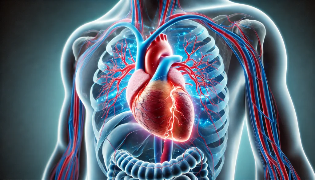 Cross-sectional 3D visualization of the human torso focused on the heart, illustrating coronary sinus and associated cardiac veins with glowing blue blood flow in a realistic anatomical setting.