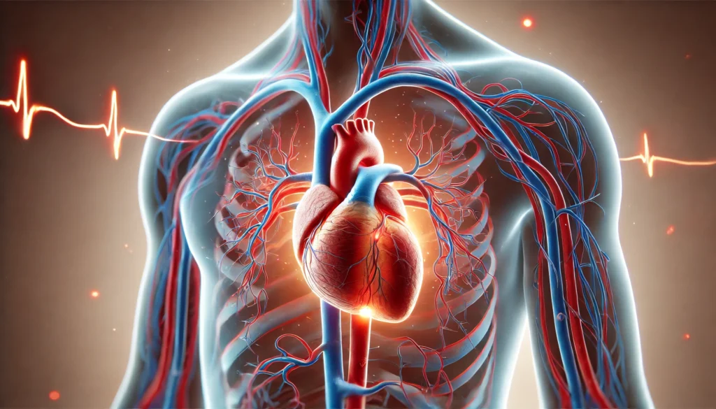 Full-body circulatory system rendering with a glowing human heart at the center, emphasizing coronary veins in blue and arteries in red, illustrating the role of cardiac veins in returning deoxygenated blood.