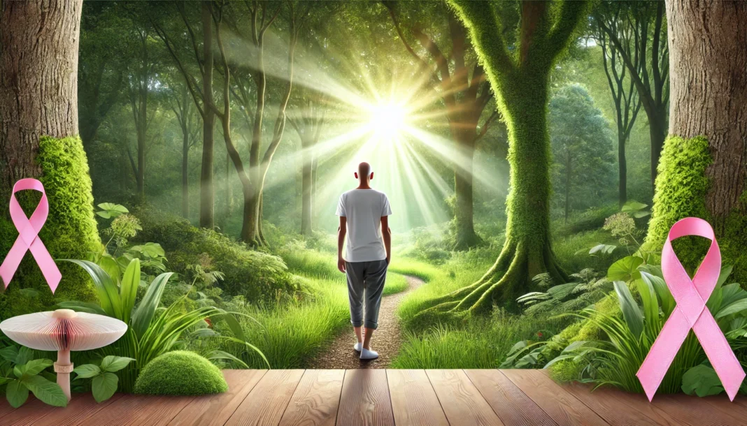 Cancer patient walking peacefully through a lush green forest, symbolizing natural healing and non-invasive cancer treatment alternatives.