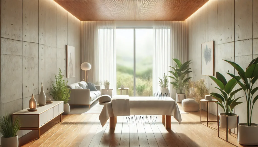 Serene wellness center featuring a person undergoing alternative cancer therapy like meditation or acupuncture in a minimalist, calming space.