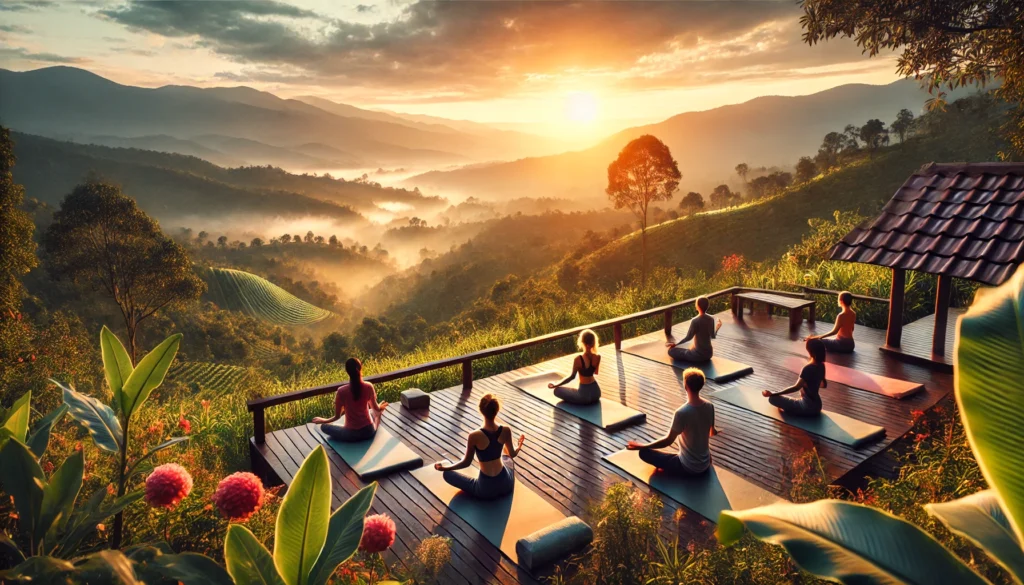 People practicing yoga and tai chi at sunrise in a peaceful mountain retreat, representing holistic mind-body therapies for cancer healing.