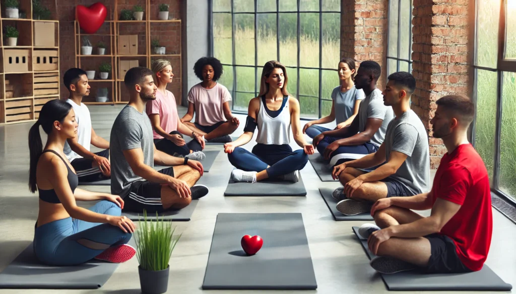 Group of heart disease survivors seated in a circle on mats during a guided mindfulness session in a bright fitness studio, highlighting emotional recovery and stress management in cardiac rehabilitation.