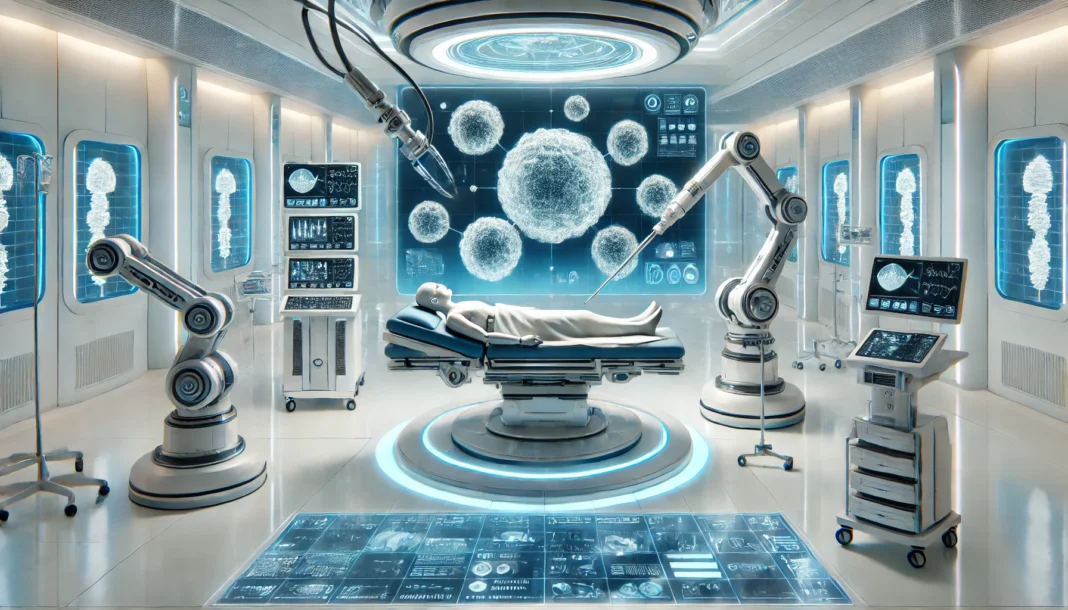 High-tech cancer treatment lab with robotic arms performing precision therapy on a patient, surrounded by holographic medical displays and modern white-blue interior.