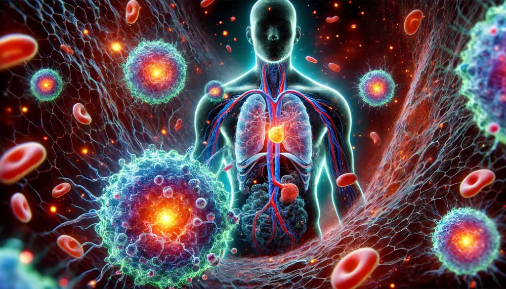 Futuristic 3D visualization of glowing immune cells attacking cancer cells inside the body, highlighting dynamic interaction through vibrant biomedical imagery.