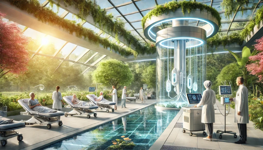 Modern cancer treatment center blending advanced therapies with nature-inspired architecture, featuring greenery, sunlight, and portable diagnostic devices for holistic care.